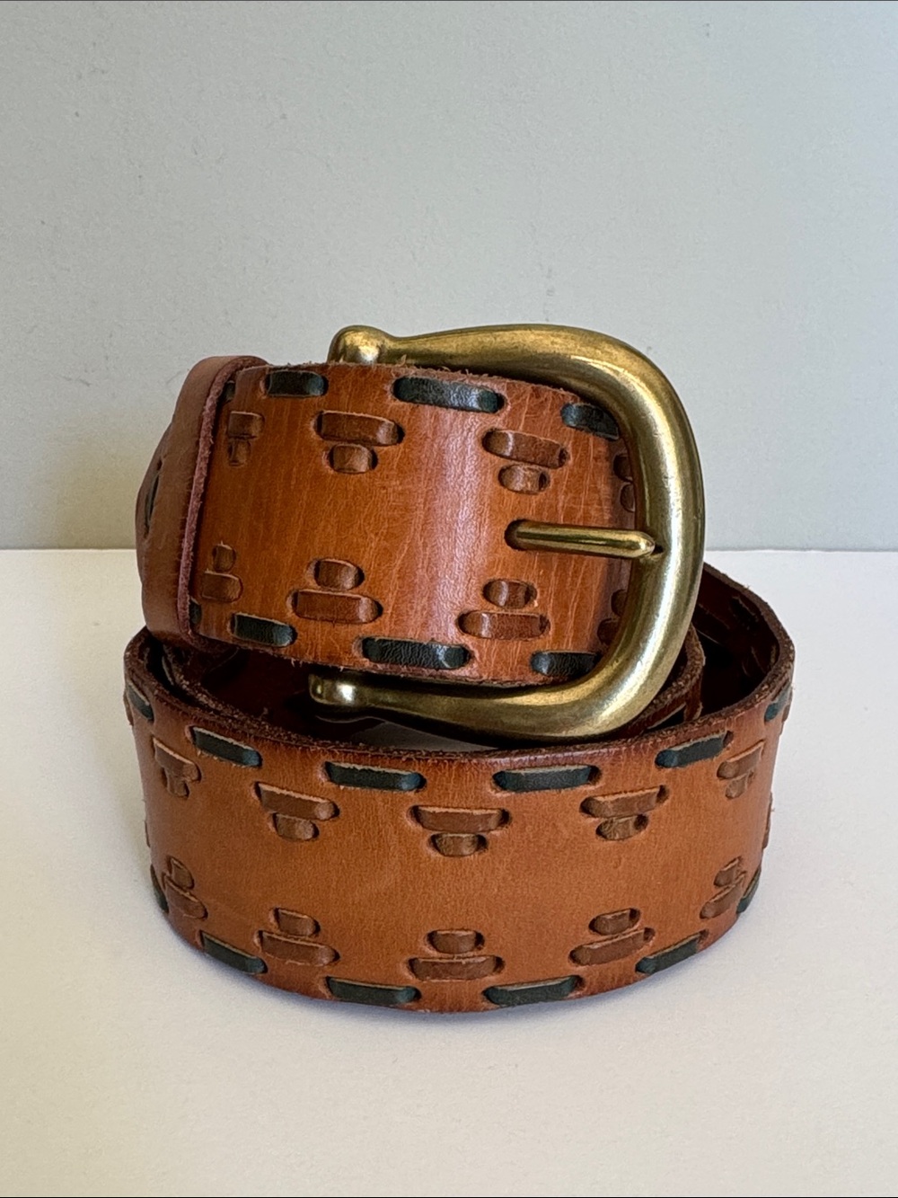 Linea Pelle Stitched Leather Belt in Cognac with Brass Buckle Sz M